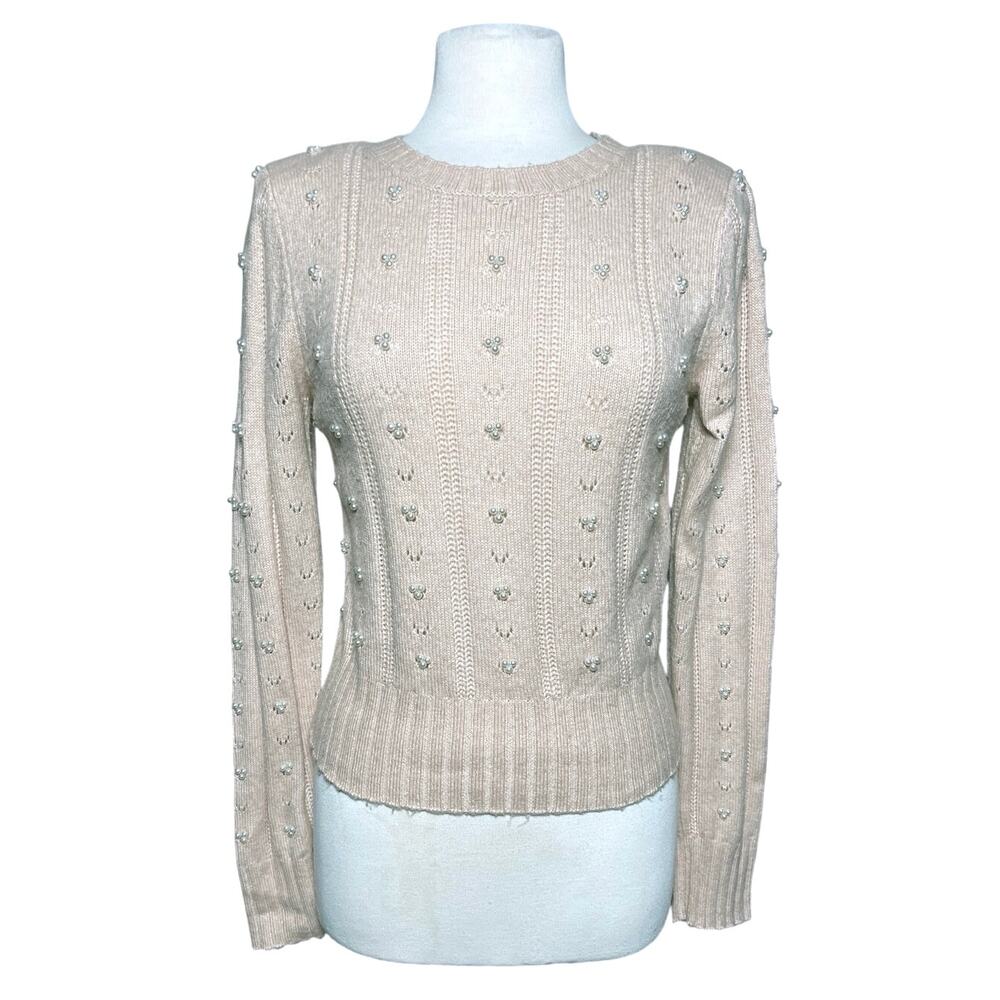 ASTR Women’s Pale Pink Faux Pearl Trimmed Crewneck Pull Over Sweater